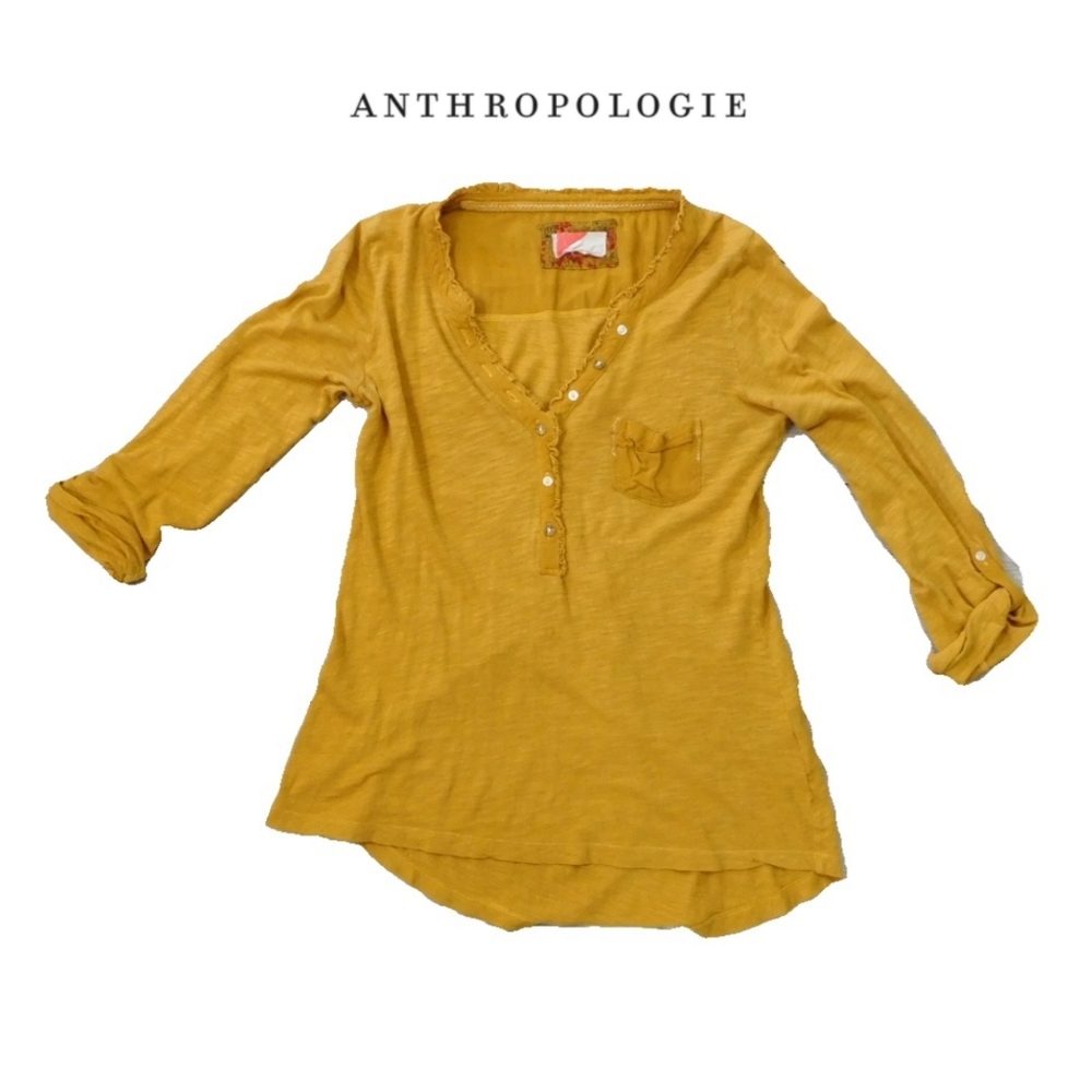 ANTHROPOLOGIE SZ XS MUSTARD LACE TRIM HENLEY SHIRT - Picture 1 of 7